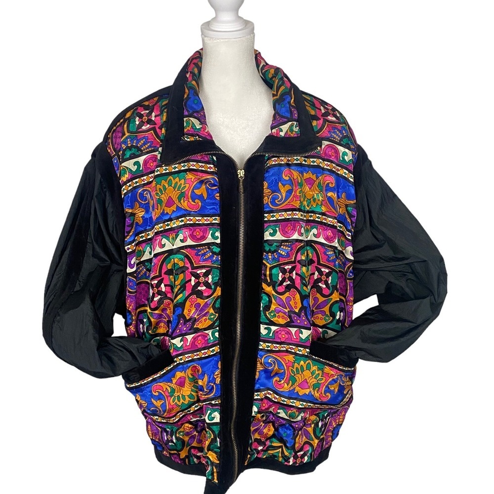 Vtg EAST WEST Women Velour Jacket Sz L Multicolor Zip Front Nylon Bright 9-14